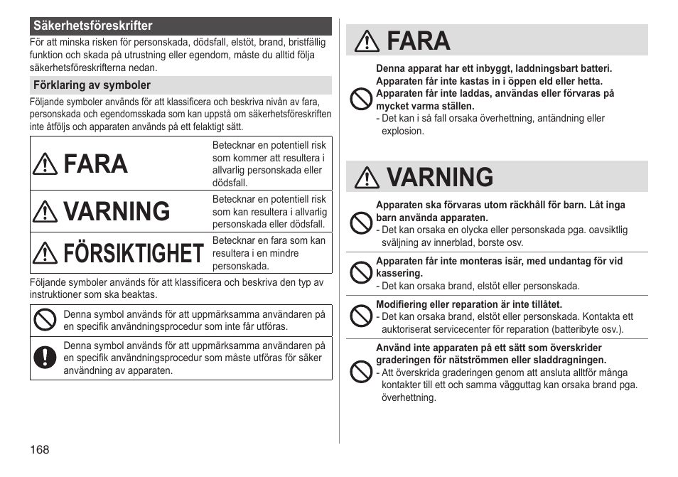 Fara, Varning, Försiktighet | Panasonic ESED90 User Manual | Page 168 / 346