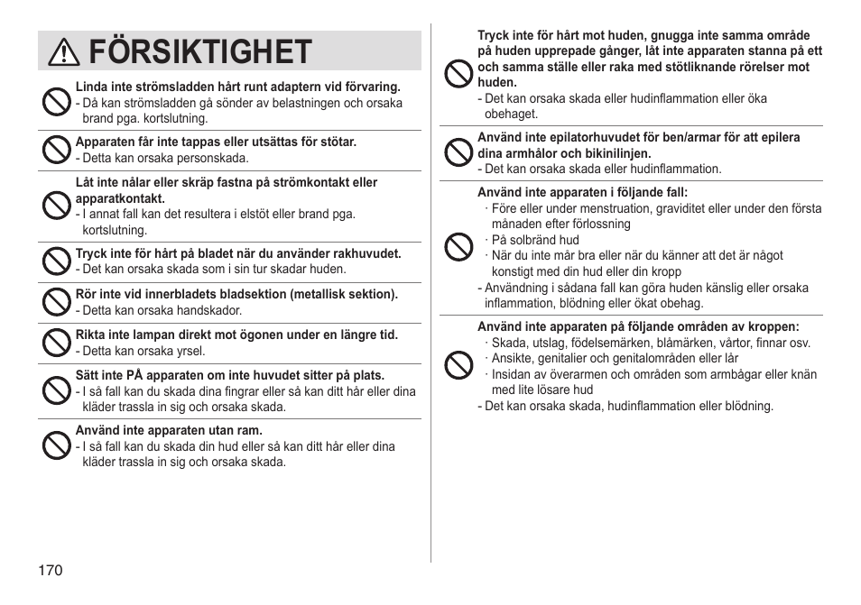Försiktighet | Panasonic ESED90 User Manual | Page 170 / 346
