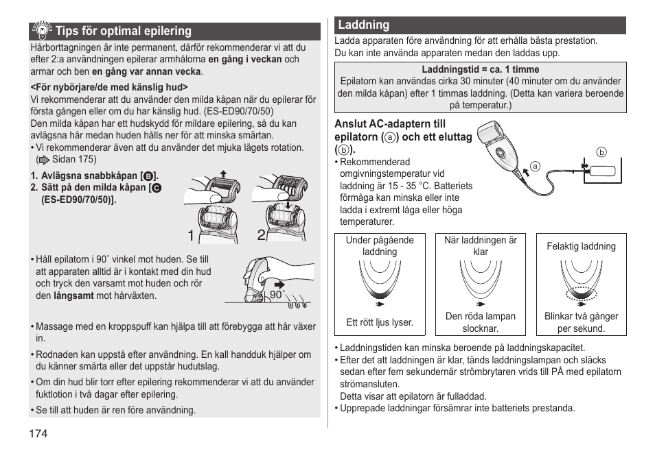 Tipsföroptimalepilering, Laddning | Panasonic ESED90 User Manual | Page 174 / 346