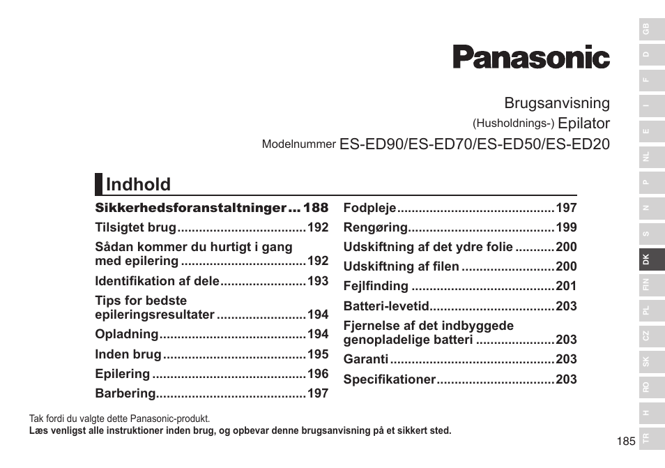 Indhold, Brugsanvisning, Epilator | Panasonic ESED90 User Manual | Page 185 / 346