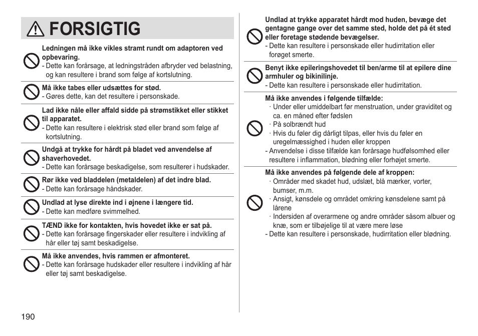 Forsigtig | Panasonic ESED90 User Manual | Page 190 / 346