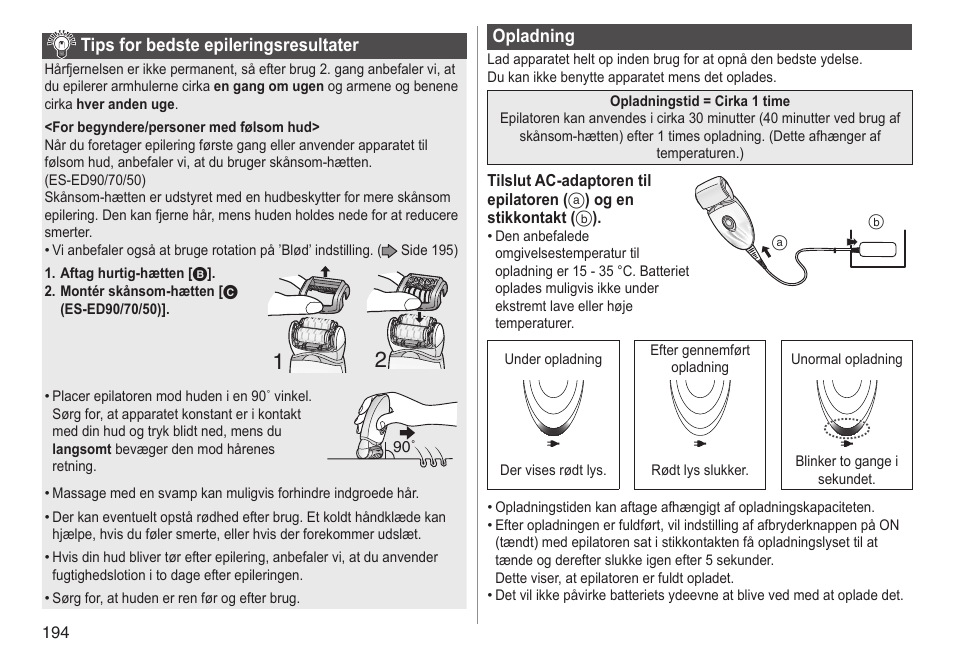 Tipsforbedsteepileringsresultater, Opladning | Panasonic ESED90 User Manual | Page 194 / 346
