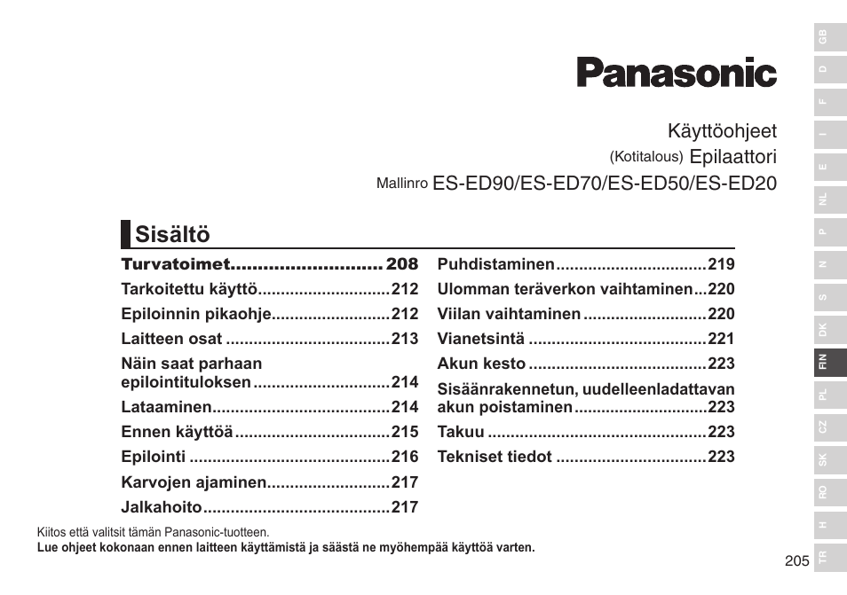 Sisältö, Käyttöohjeet, Epilaattori | Panasonic ESED90 User Manual | Page 205 / 346