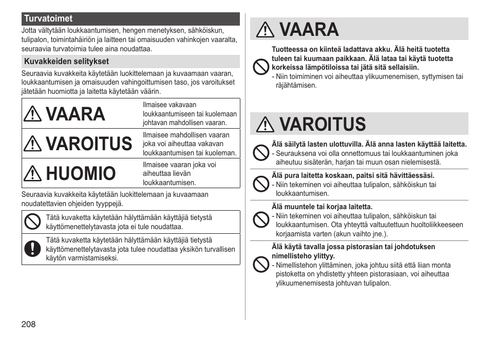 Vaara, Varoitus, Huomio | Panasonic ESED90 User Manual | Page 208 / 346