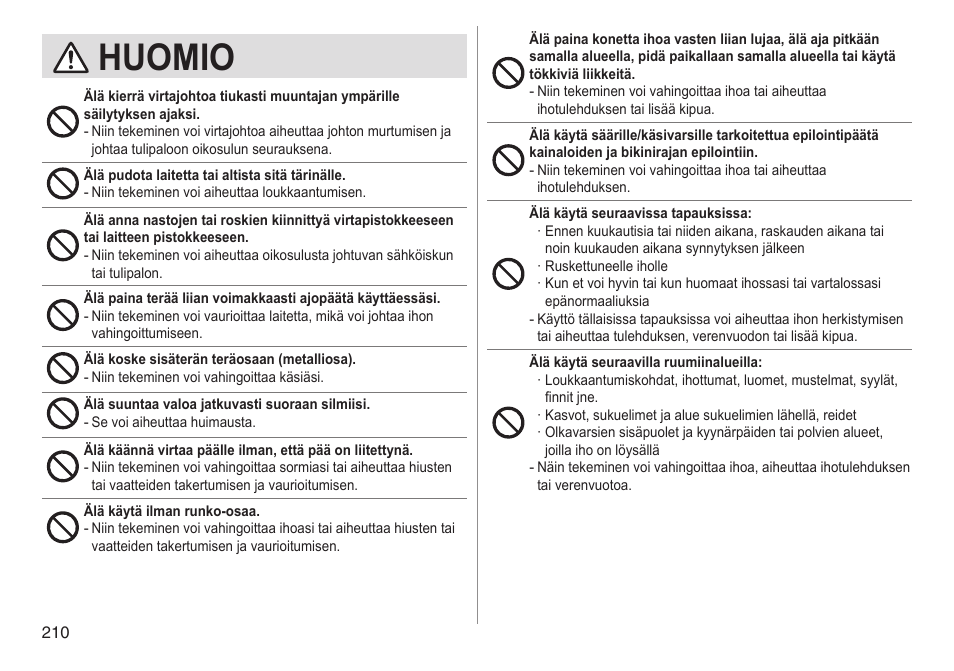 Huomio | Panasonic ESED90 User Manual | Page 210 / 346