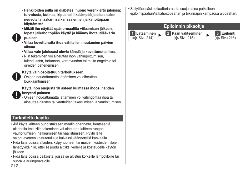 Tarkoitettukäyttö, Epiloinninpikaohje | Panasonic ESED90 User Manual | Page 212 / 346