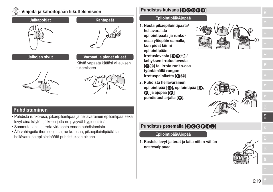 Puhdistaminen | Panasonic ESED90 User Manual | Page 219 / 346
