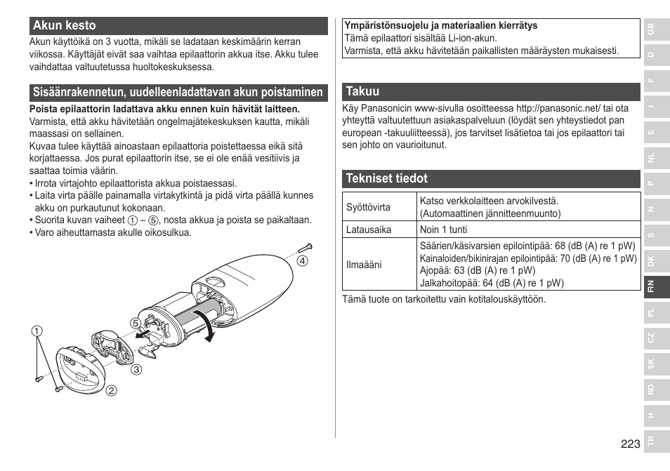 Akunkesto, Takuu, Teknisettiedot | Panasonic ESED90 User Manual | Page 223 / 346