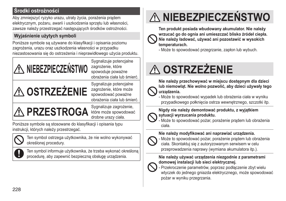 Niebezpieczeństwo, Ostrzeżenie, Przestroga | Panasonic ESED90 User Manual | Page 228 / 346