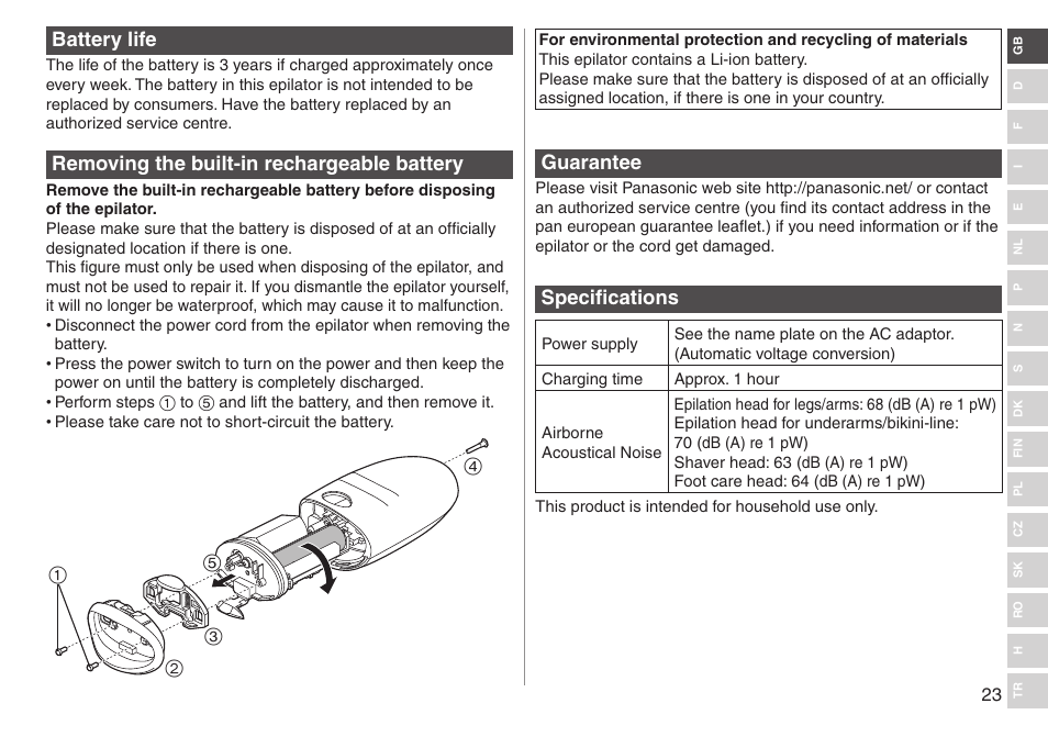 Battery life, Removing the built-in rechargeable battery, Guarantee | Specifications | Panasonic ESED90 User Manual | Page 23 / 346