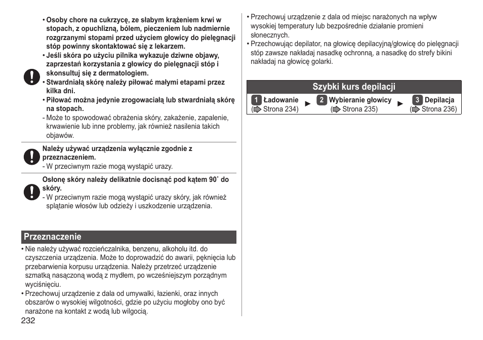 Przeznaczenie, Szybkikursdepilacji | Panasonic ESED90 User Manual | Page 232 / 346