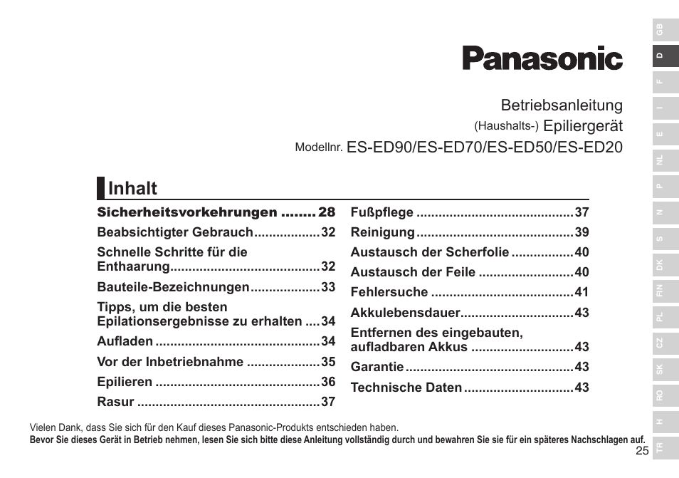 Inhalt, Betriebsanleitung, Epiliergerät | Panasonic ESED90 User Manual | Page 25 / 346