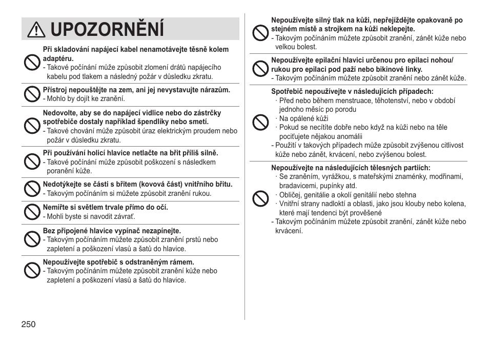 Upozornění | Panasonic ESED90 User Manual | Page 250 / 346