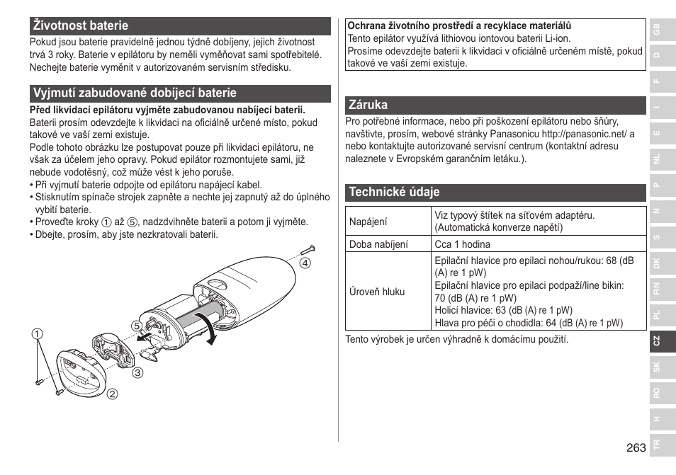 Životnostbaterie, Vyjmutízabudovanédobíjecíbaterie, Záruka | Technickéúdaje | Panasonic ESED90 User Manual | Page 263 / 346