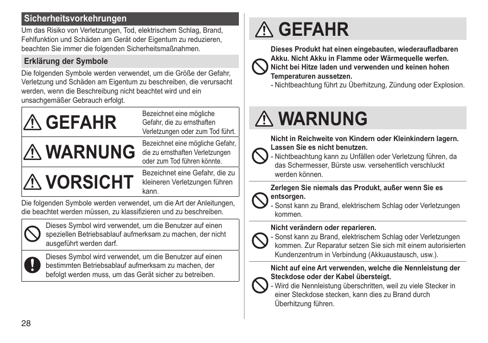 Gefahr, Warnung, Vorsicht | Panasonic ESED90 User Manual | Page 28 / 346