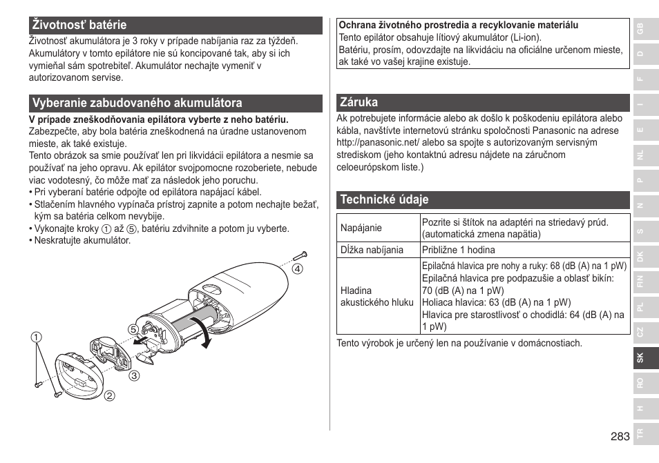 Životnosťbatérie, Vyberaniezabudovanéhoakumulátora, Záruka | Technickéúdaje | Panasonic ESED90 User Manual | Page 283 / 346