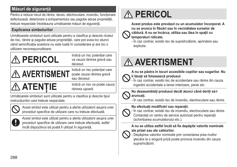 Pericol, Avertisment, Atenţie | Panasonic ESED90 User Manual | Page 288 / 346