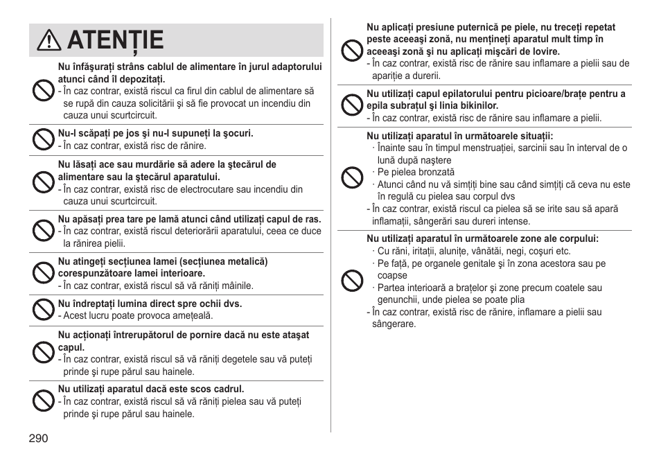 Atenţie | Panasonic ESED90 User Manual | Page 290 / 346