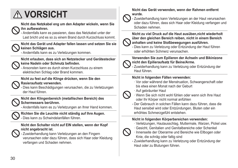 Vorsicht | Panasonic ESED90 User Manual | Page 30 / 346