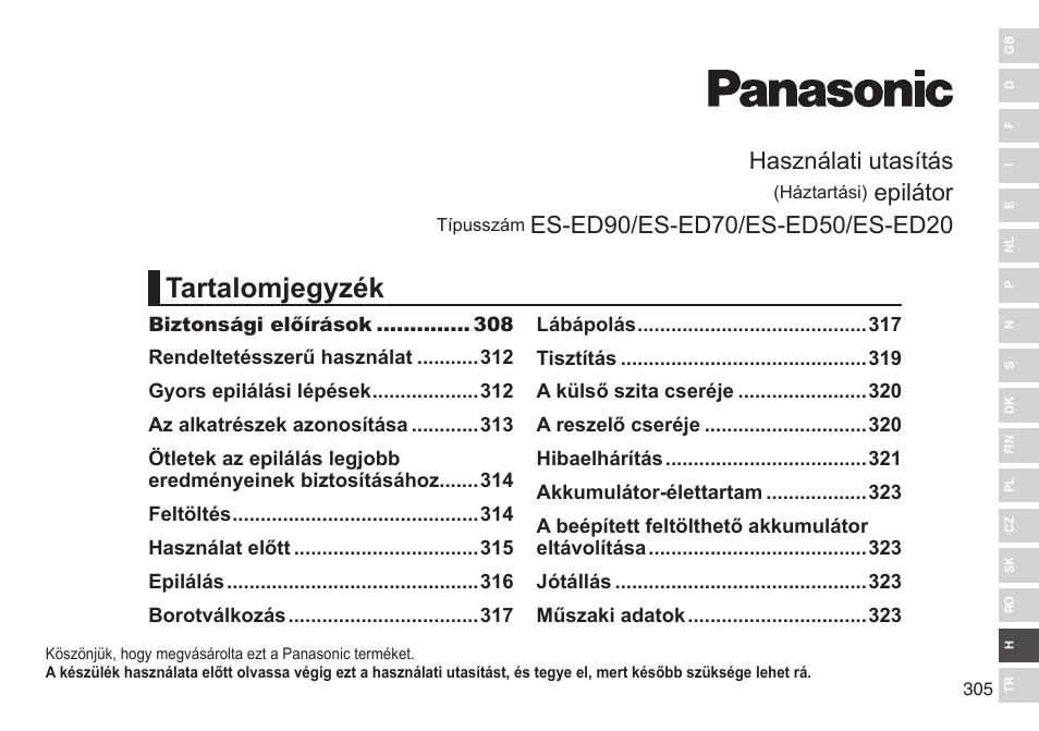 Tartalomjegyzék, Használati utasítás, Epilátor | Panasonic ESED90 User Manual | Page 305 / 346
