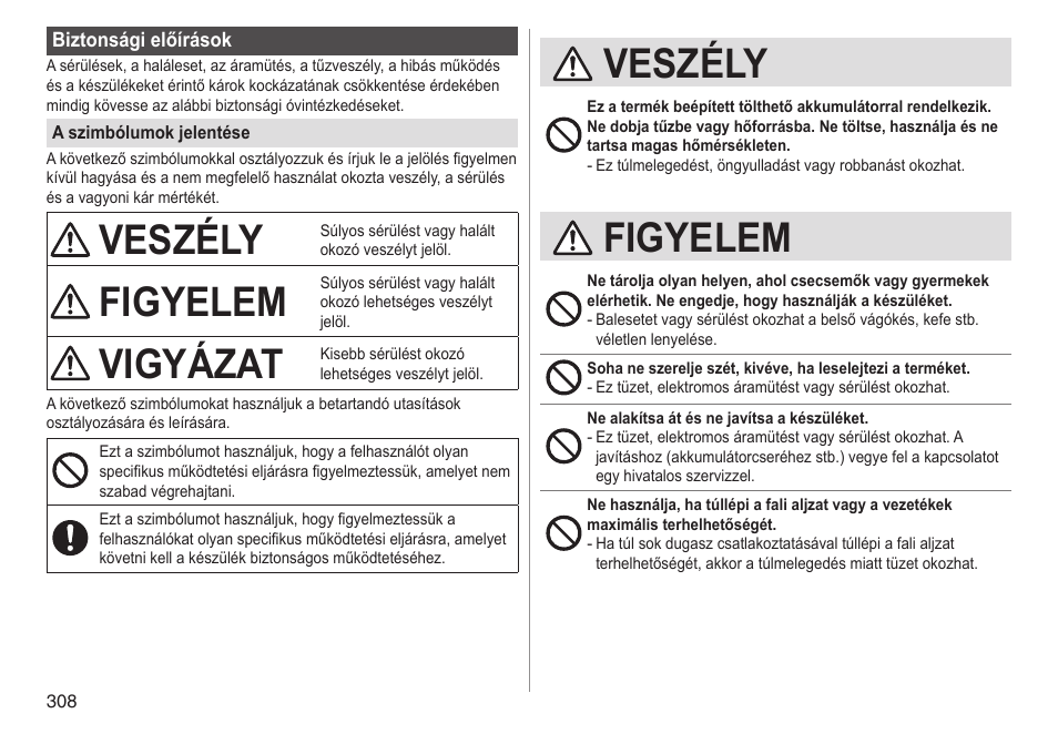 Veszély, Figyelem, Vigyázat | Panasonic ESED90 User Manual | Page 308 / 346