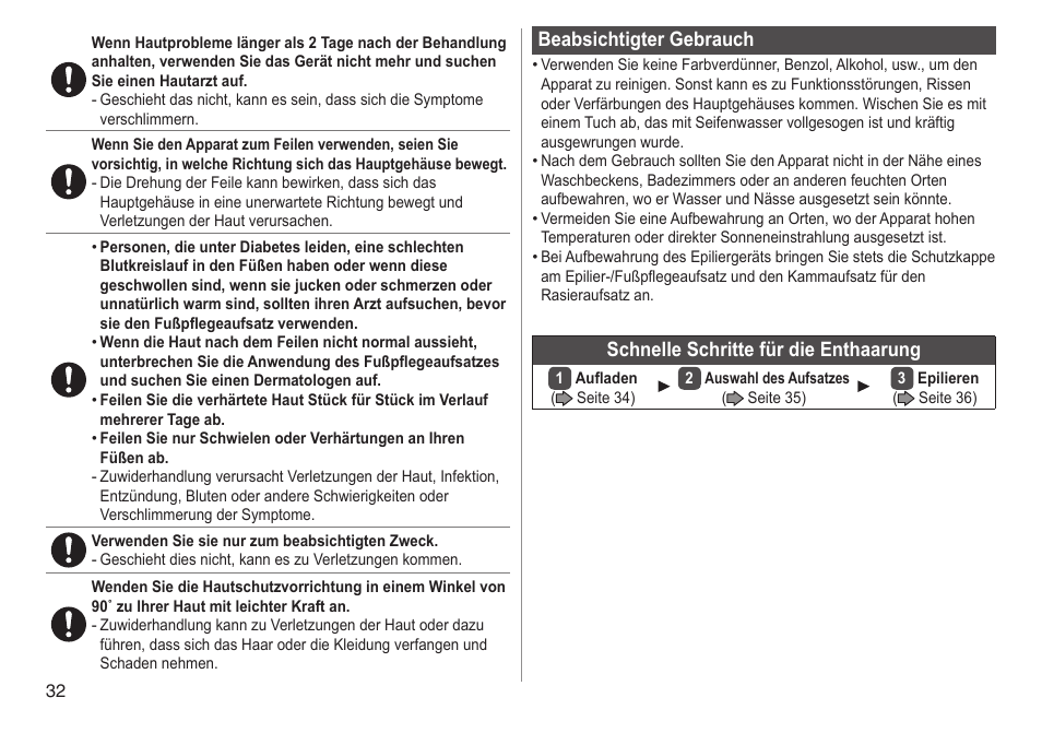 Beabsichtigtergebrauch, Schnelleschrittefürdieenthaarung | Panasonic ESED90 User Manual | Page 32 / 346