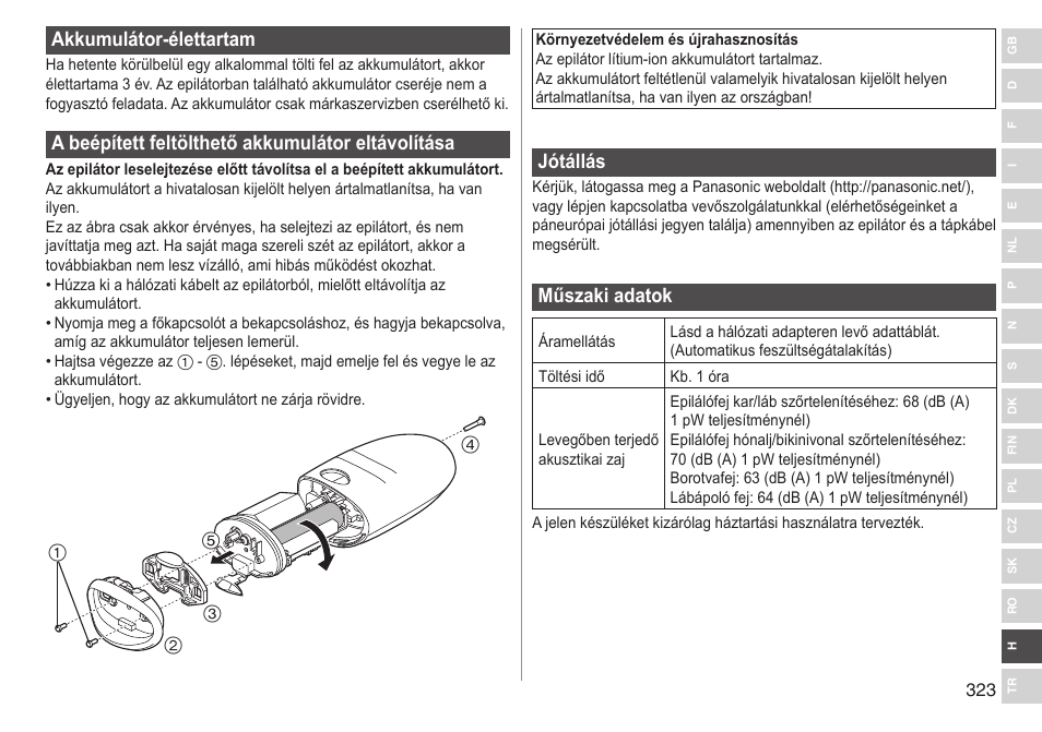 Akkumulátor‑élettartam, Abeépítettfeltölthetőakkumulátoreltávolítása, Jótállás | Műszakiadatok | Panasonic ESED90 User Manual | Page 323 / 346