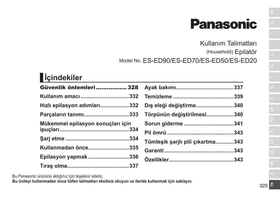 Içindekiler, Kullanım talimatları, Epilatör | Panasonic ESED90 User Manual | Page 325 / 346