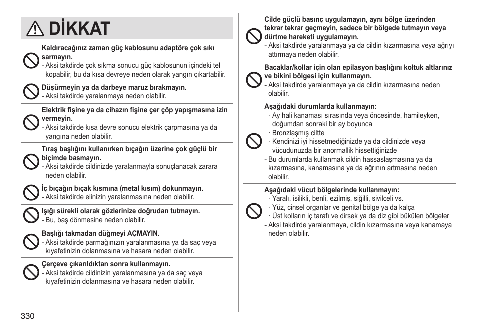 Dikkat | Panasonic ESED90 User Manual | Page 330 / 346