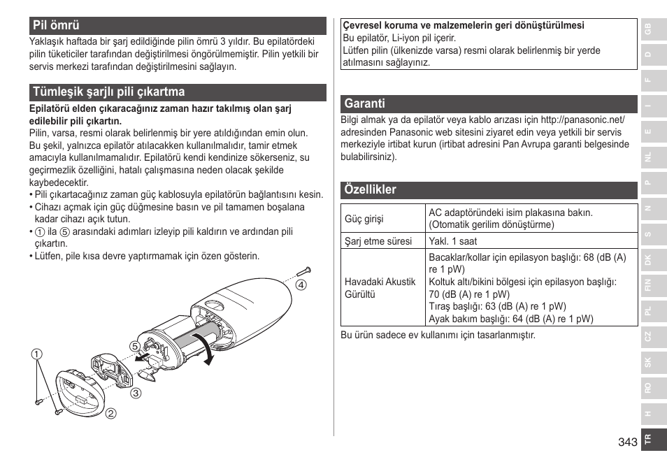 Pilömrü, Tümleşikşarjlıpiliçıkartma, Garanti | Özellikler | Panasonic ESED90 User Manual | Page 343 / 346