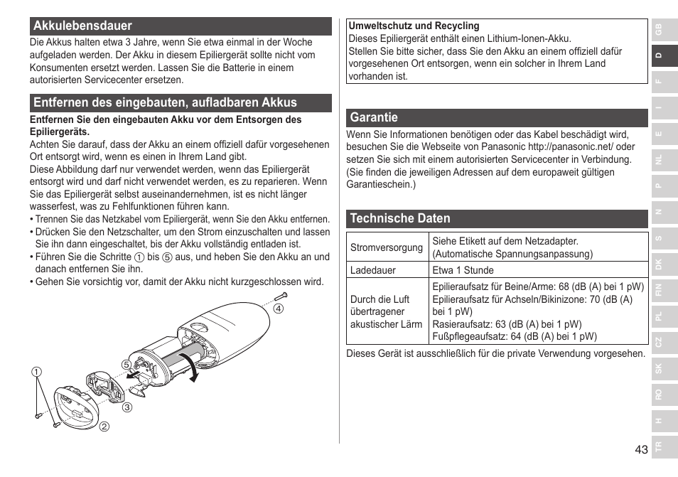 Akkulebensdauer, Entfernendeseingebauten,aufladbarenakkus, Garantie | Technischedaten | Panasonic ESED90 User Manual | Page 43 / 346