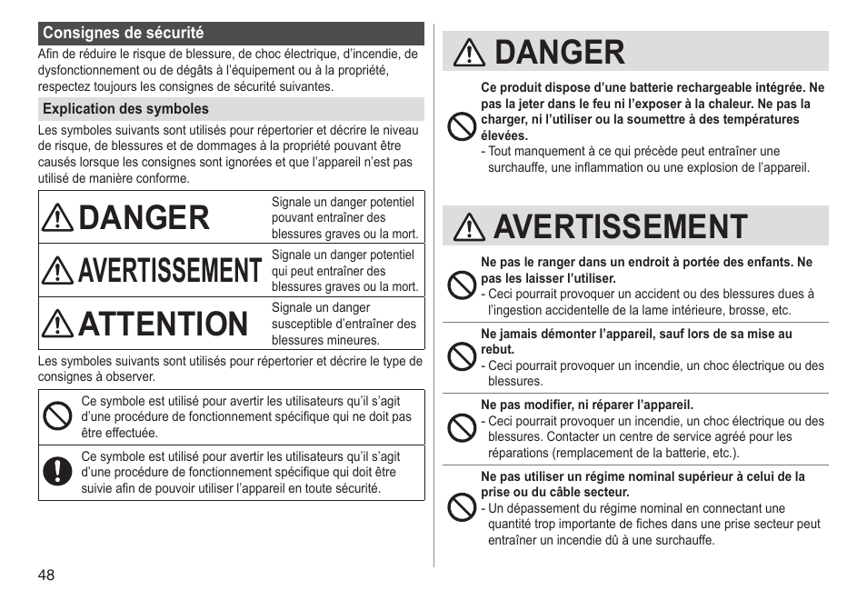 Danger, Avertissement, Attention | Panasonic ESED90 User Manual | Page 48 / 346