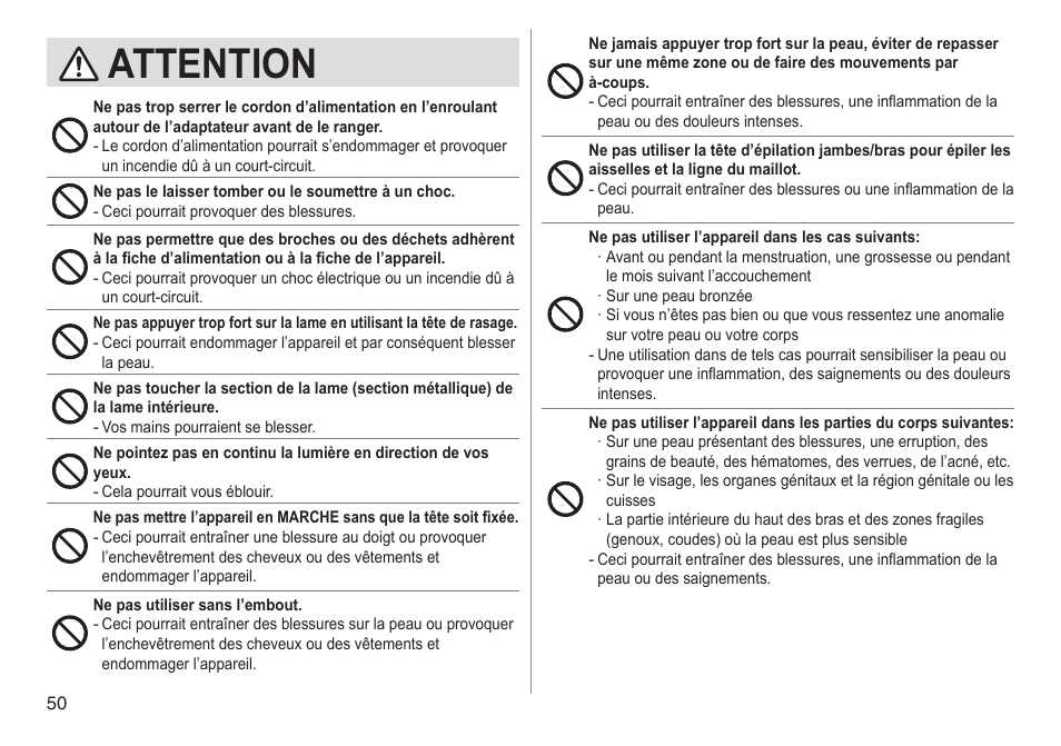 Attention | Panasonic ESED90 User Manual | Page 50 / 346