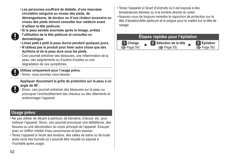Usageprévu, Étapesrapidespourl’épilation | Panasonic ESED90 User Manual | Page 52 / 346