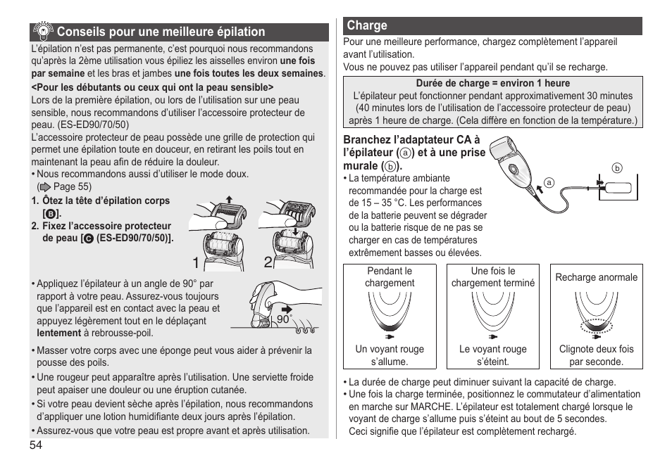 Conseilspourunemeilleureépilation, Charge | Panasonic ESED90 User Manual | Page 54 / 346