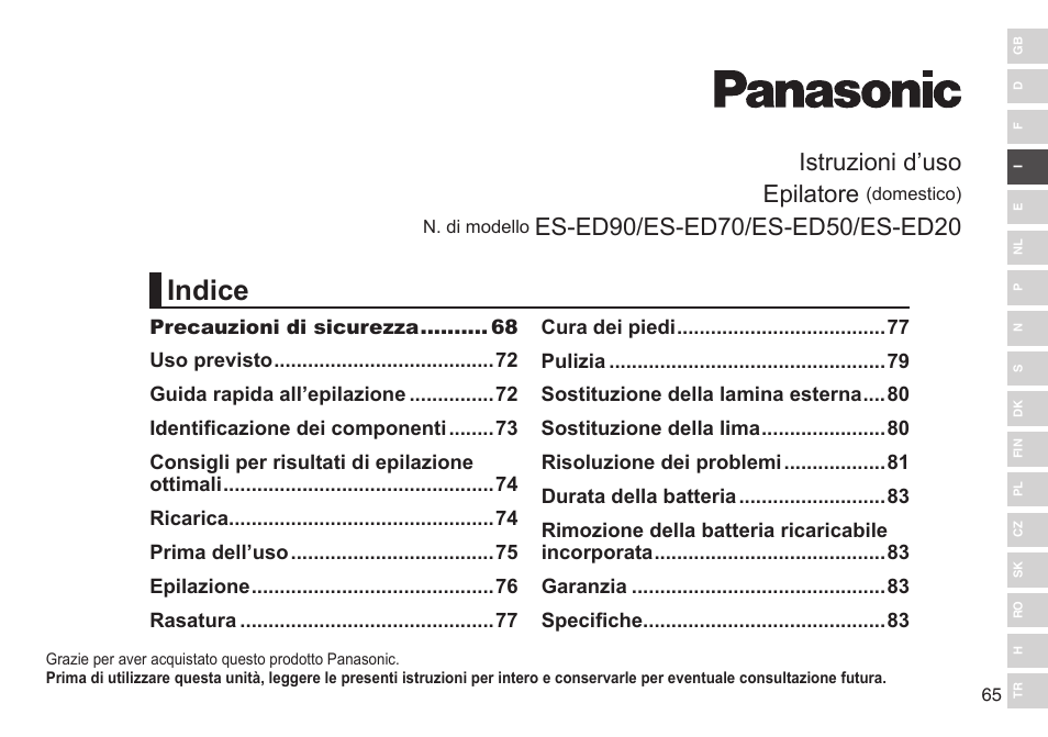 Indice, Istruzioni d’uso epilatore | Panasonic ESED90 User Manual | Page 65 / 346