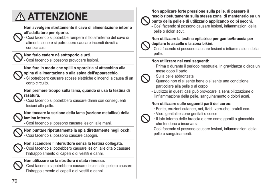 Attenzione | Panasonic ESED90 User Manual | Page 70 / 346