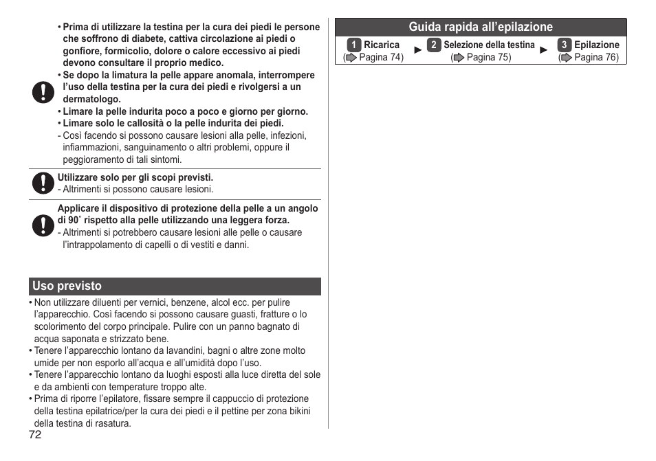 Usoprevisto, Guidarapidaall’epilazione | Panasonic ESED90 User Manual | Page 72 / 346