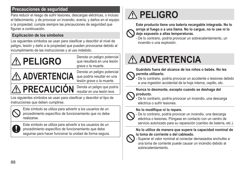 Peligro, Advertencia, Precaución | Panasonic ESED90 User Manual | Page 88 / 346