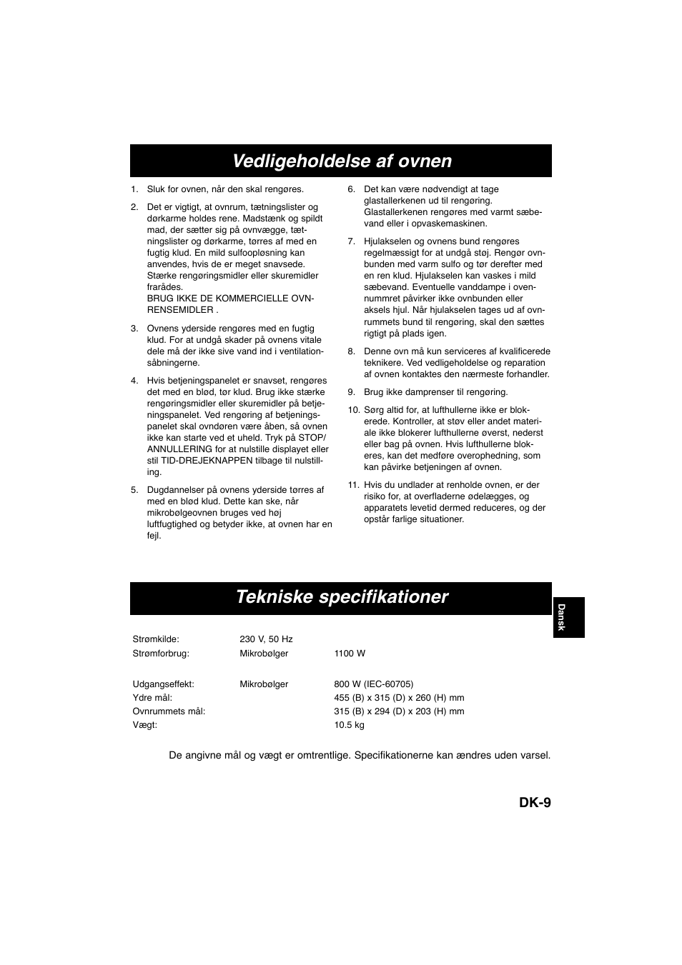 Vedligeholdelse af ovnen tekniske specifikationer, Dk-9 | Panasonic NNE245WBEPG User Manual | Page 101 / 137