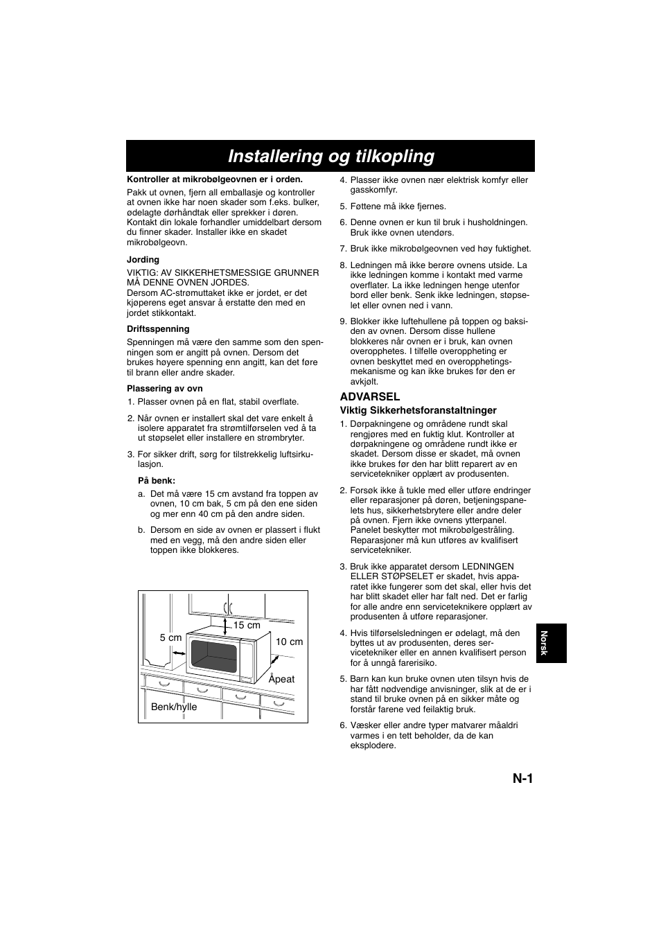 Installering og tilkopling | Panasonic NNE245WBEPG User Manual | Page 102 / 137