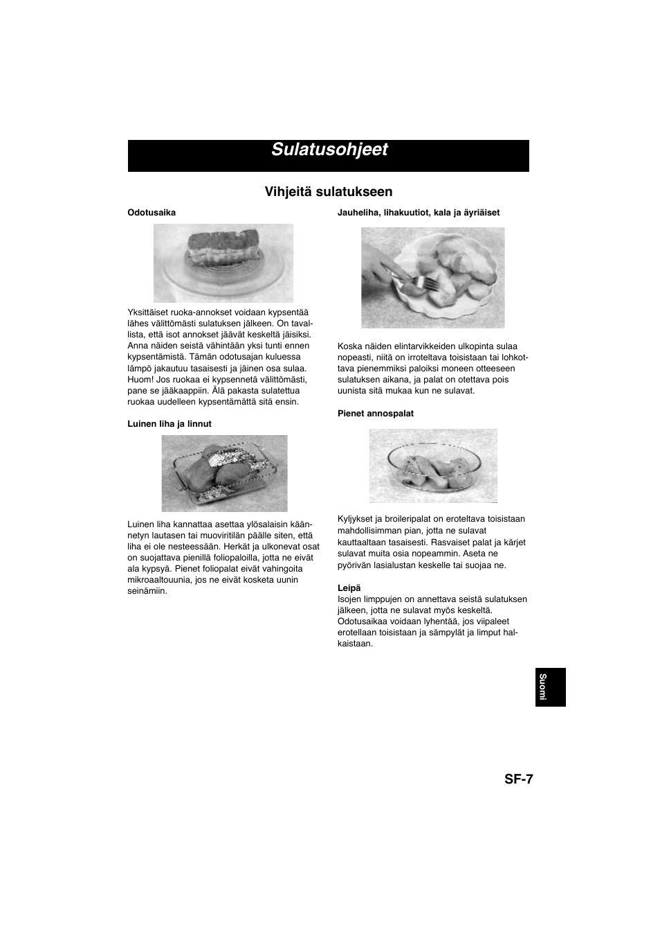 Sulatusohjeet, Sf-7, Vihjeitä sulatukseen | Panasonic NNE245WBEPG User Manual | Page 117 / 137