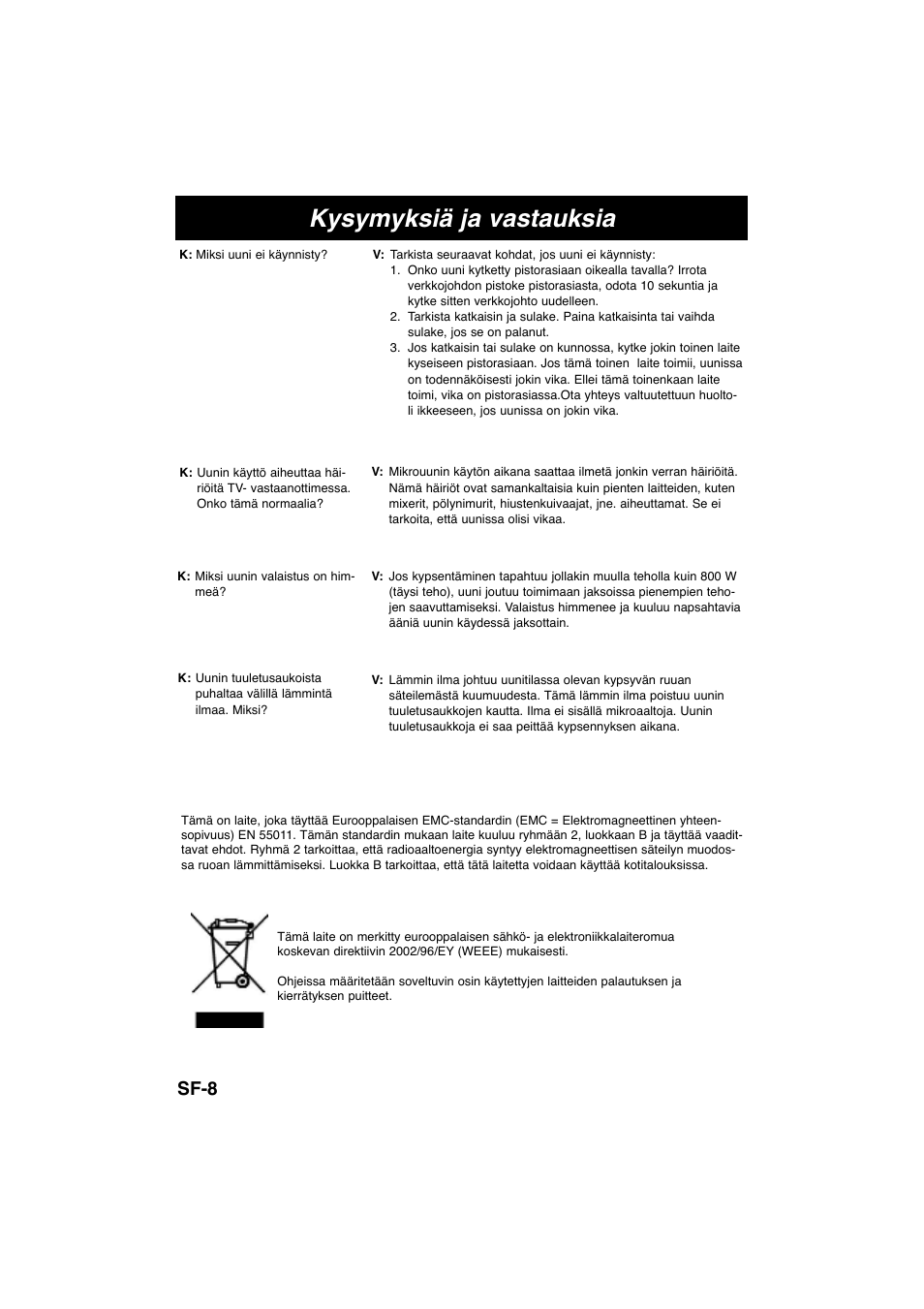 Kysymyksiä ja vastauksia, Sf-8 | Panasonic NNE245WBEPG User Manual | Page 118 / 137