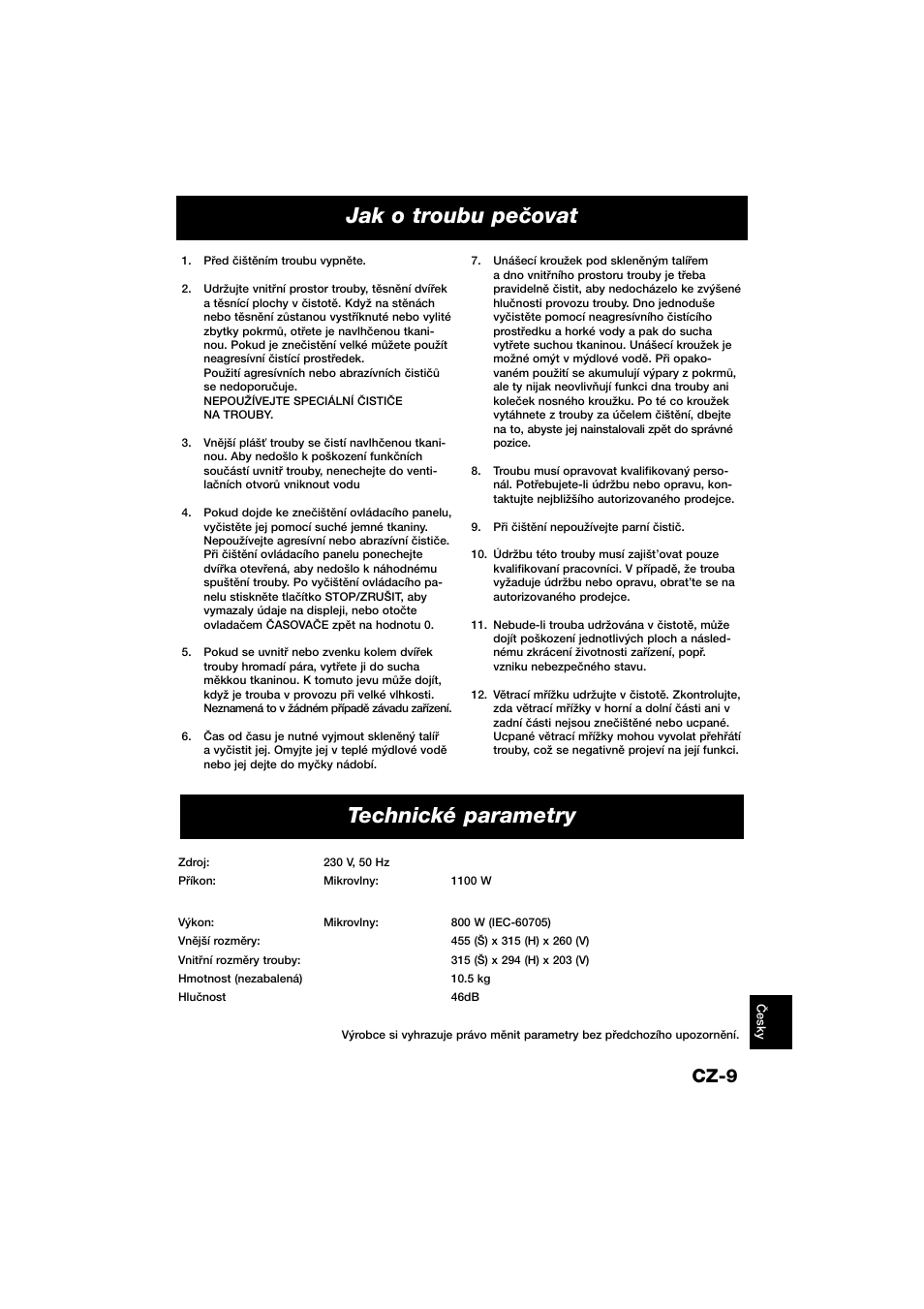 Jak o troubu peãovat technické parametry, Cz-9 | Panasonic NNE245WBEPG User Manual | Page 128 / 137