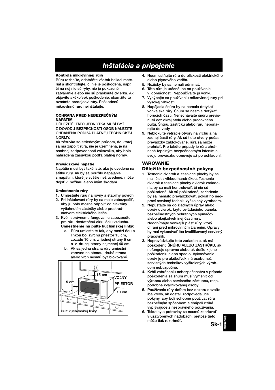 In‰talácia a pripojenie, Sk-1, Varovanie dôleïité bezpeãnostné pokyny | Panasonic NNE245WBEPG User Manual | Page 129 / 137