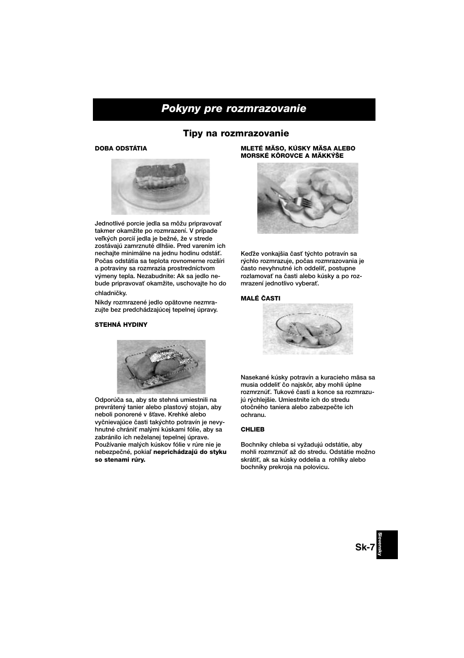 Pokyny pre rozmrazovanie, Sk-7, Tipy na rozmrazovanie | Panasonic NNE245WBEPG User Manual | Page 135 / 137