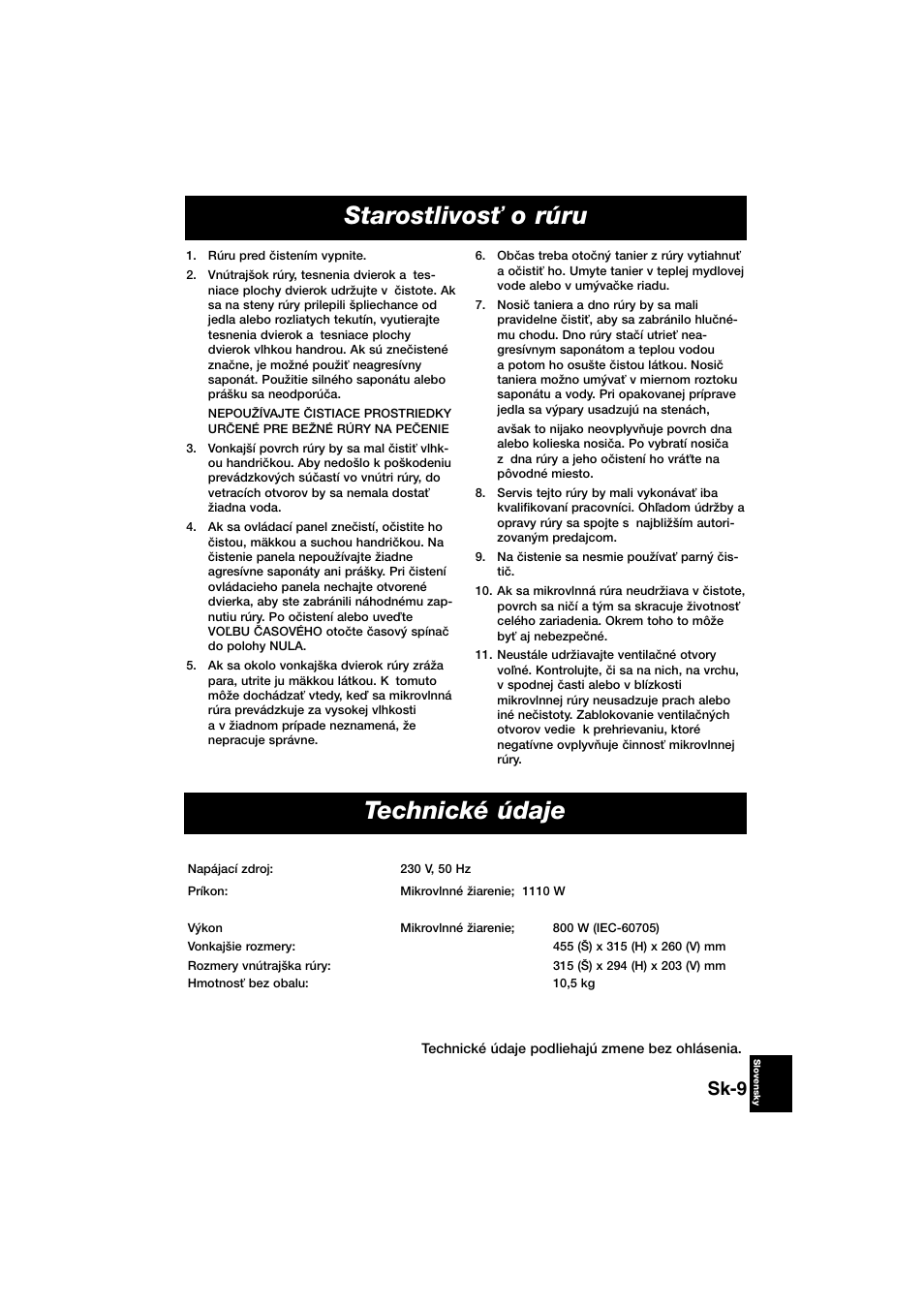 Starostlivosè o rúru technické údaje, Sk-9 | Panasonic NNE245WBEPG User Manual | Page 137 / 137