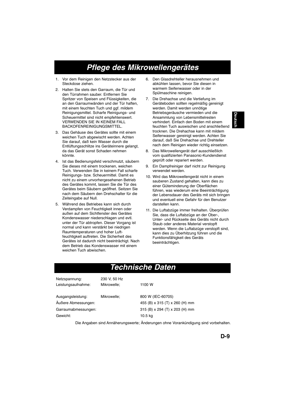 Pflege des mikrowellengerätes technische daten | Panasonic NNE245WBEPG User Manual | Page 29 / 137