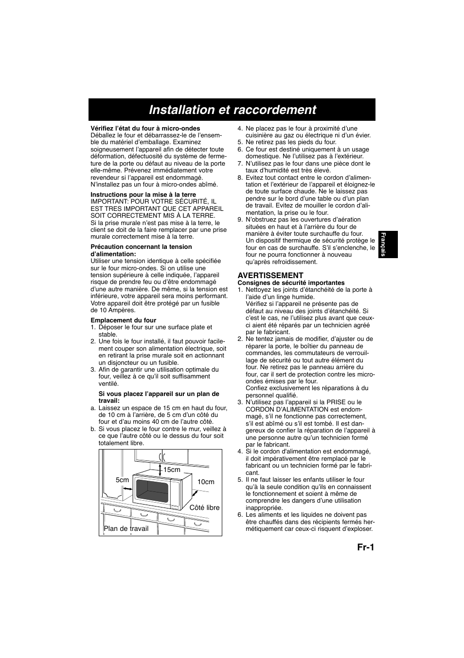Installation et raccordement, Fr-1 | Panasonic NNE245WBEPG User Manual | Page 30 / 137