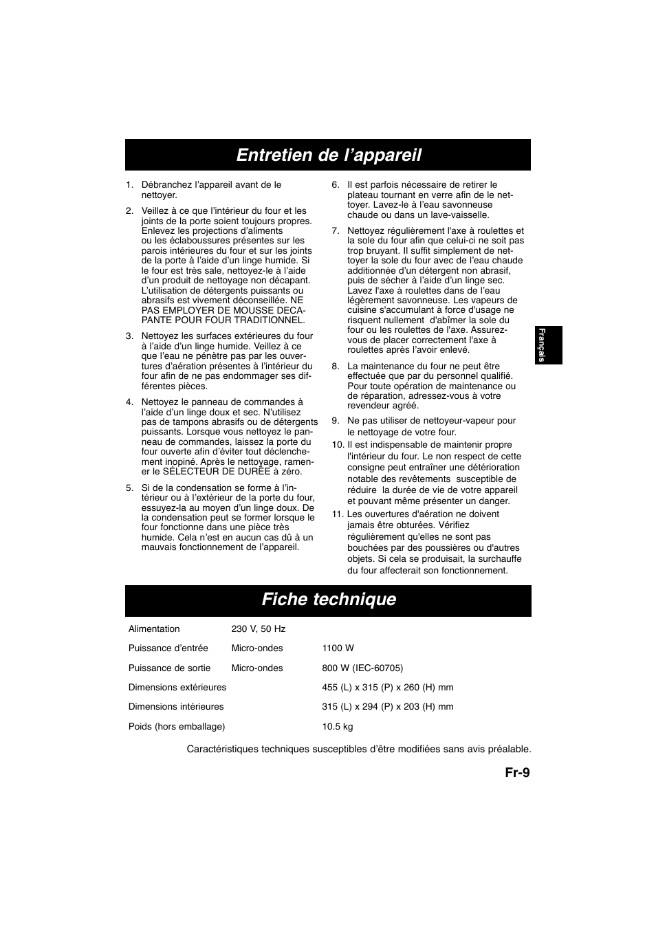 Entretien de l’appareil fiche technique, Fr-9 | Panasonic NNE245WBEPG User Manual | Page 38 / 137